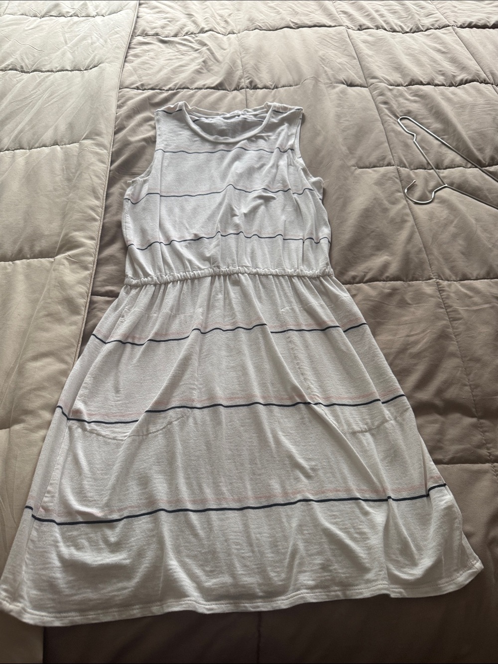 Carve Designs White Tank Dress with light pink and black/navy stripes